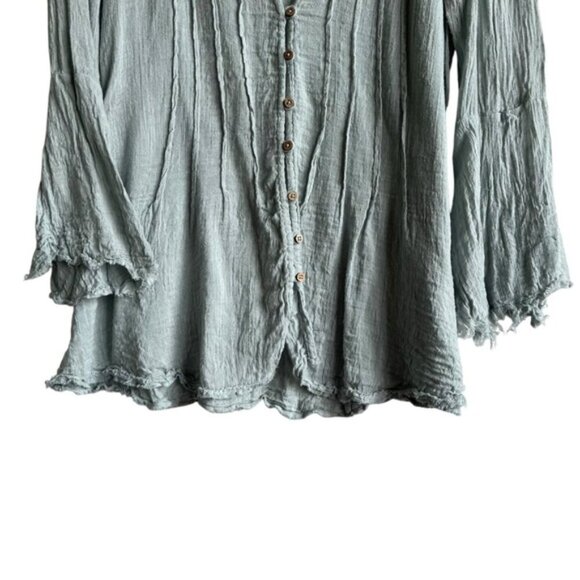 Free People Boho Button-Down Blouse Size Small Green Flowy - Picture 3 of 11